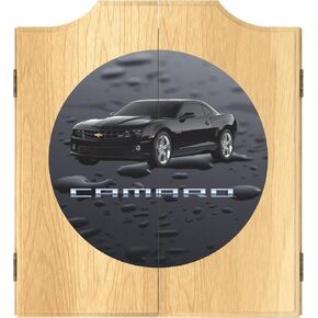 Dart Board Cabinet Set - Camaro Black Dart Board with 6 Steel Tip Darts, Scoreboard, Hanging Wood Cupboard by Trademark Gameroom
