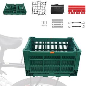 Rear Bike Basket,Foldable Large Capacity Rear Basket,Rear Bicycle Basket Bike Storage Rear Basket with Reflective Waterproof Cover & Cargo Net for Bike Fits to Most Rear Bike Rack
