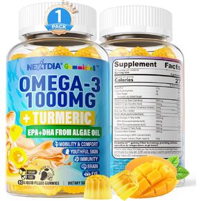 Vegan Omega-3 1000mg + Turmeric Gummies - Fish Oil Alternative for Adults - Algae Oil DHA 600mg & EPA 300mg, Vitamin A, C, E, Zinc & MSM - Mobility Comfort, Skin, Immune, Brain, Eye Health, 60 Cts