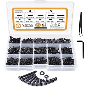 VIGRUE M5 x 10/12/16/25/30/35mm Button Head Screws, 328PCS 10.9 Grade Alloy Steel M5 Hex Socket Cap Machine Screws Bolts Nuts Washer Assortment Kit
