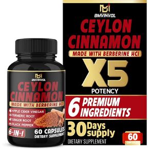 Ceylon Cinnamon Capsules with Berberine HCl, Apple Cider Vinegar, Turmeric, Ginseng, Black Pepper - 6in1 for Support Immune Function - 120 Count