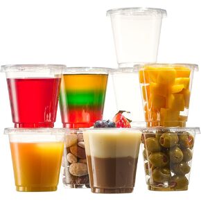 [2 OZ - 200 Cups + 200 Lids] Jello shot Cups with Lids - Leak-Resistant, Tight fit, Easy Snap-on Lids - Clear & Fully Transparent, Tall squeezable Disposable PET Plastic. [Bulk Pack - 200 Sets]