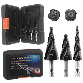 M35 Cobalt Four Spiral Flute Step Drill Bit,1/8"-7/8" (3 pcs) Impact Resistant M35 HSS AlTiN Coated,1/4" Hex Shank Step Bit for Hole Drilling in Stainless Steel, Copper, Aluminum, Wood, Plastic