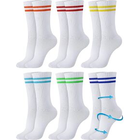Chuarry 6 Pairs Compression Striped Crew Socks for Women 15-20 Mmhg Lightweight Cotton Compression Socks with Colorful Stripes Mid Calf White Athletic Socks for Sports Running Cycling
