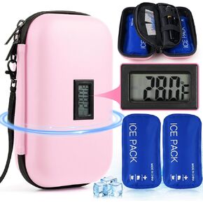 24h Insulin Cooler Travel Case TSA Approved Medication Diabetic Cooler for Travel with Thermometer Temperature Display with 2Pack Reusable Ice Bag