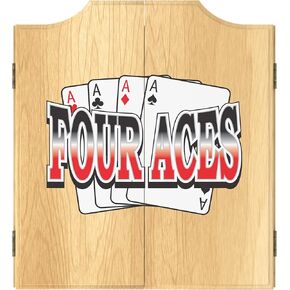 Dart Board Cabinet Set - Four Aces Logo Dart Board with 6 Steel Tip Darts, Scoreboard, Hanging Wood Cupboard by Trademark Gameroom