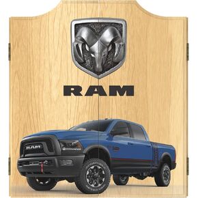 Dart Board Cabinet Set - RAM Truck Blue Dart Board with 6 Steel Tip Darts, Scoreboard, Hanging Wood Cupboard by Trademark Gameroom in Saudi Arabia