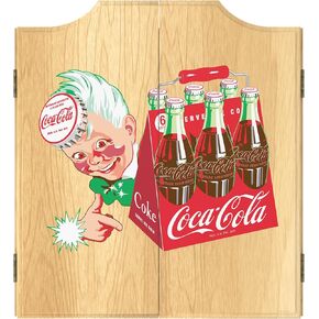 Dart Board Cabinet Set - Coca-Cola Classic 6 Pack Dart Board with 6 Steel Tip Darts, Scoreboard, Hanging Wood Cupboard by Trademark Gameroom