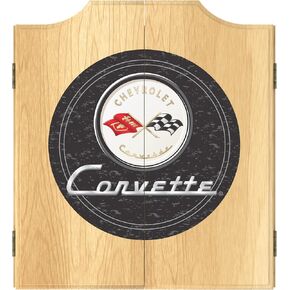 Dart Board Cabinet Set - Corvette C1 Black Dart Board with 6 Steel Tip Darts, Scoreboard, Hanging Wood Cupboard by Trademark Gameroom