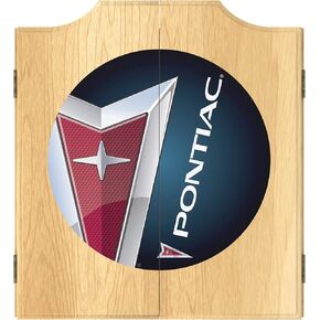 Dart Board Cabinet Set - Pontiac Logo Dart Board with 6 Steel Tip Darts, Scoreboard, Hanging Wood Cupboard by Trademark Gameroom