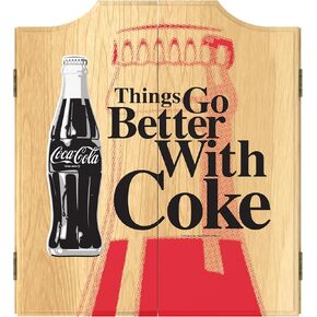 Dart Board Cabinet Set - Coca-Cola Things Go Better with Coke Bottle Art Dart Board with 6 Steel Tip Darts, Scoreboard, Hanging Wood Cupboard by Trademark Gameroom