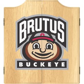 Dart Board Cabinet Set - Ohio State University Brutus Dart Board with 6 Steel Tip Darts, Scoreboard, Hanging Wood Cupboard by Trademark Gameroom