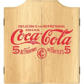 Dart Board Cabinet Set - Coca-Cola 5 Cents Red Dart Board with 6 Steel Tip Darts, Scoreboard, Hanging Wood Cupboard by Trademark Gameroom