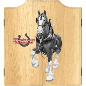 Dart Board Cabinet Set - Budweiser Clydesdale Black Dart Board with 6 Steel Tip Darts, Scoreboard, Hanging Wood Cupboard by Trademark Gameroom