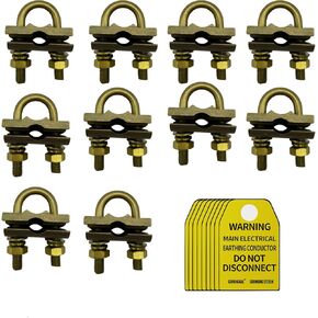 Brass U Bolt Ground Clamp with 2 Conductors,4/0-4AWG Wire Range, 1/2"-3/4"Ground Rods or Pipe Size (U bolt 2pcs pack)