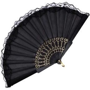 Vintage Black Hand Fan Retro Handheld Folding Lace Fans for Women Foldable Halloween Cosplay Costume Dancing Show Tea Party Wedding Photo Props