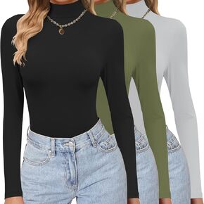 Ekouaer Women's 3 Pack Turtleneck Shirts Long Sleeve Mock Tops Lightweight Basic Layering Thermal