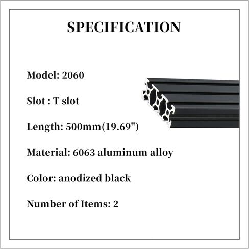 BELLA BAYS 2pcs 19.69 inch 500mm 2060 T Slot Aluminum Extrusion Profile European Standard Anodized Black Extruded Linear Rail Guide Frame for 3D Printer Laser Engraving Machine CNC Workbench DIY in Kuwait