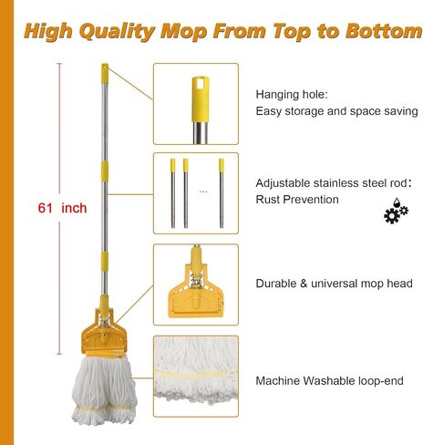 Commercial Mop Heavy Duty Industrial Cotton Mop, 61 inch Metal Commercial Mop Stick for Home, Garage,Office, Workshop, Warehouse Floor Cleaning, 1 Pack in Saudi Arabia