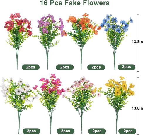 Fake Flowers 16 Bundles Artificial Fake Plants Flowers UV Resistant Realistic Fake Flowers Outdoor Artificial Flower Bouquet Decorations Artificial Plants Flowers for Outside Home Planter Porch Patio in Saudi Arabia