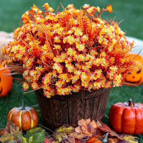 Artificial Fall Flowers Outdoor Fake Mums - 16 Bundles Fake Plants UV Resistant No Fade Faux Plastic Greenery Garden Porch Patio Fall Home Decor (1, OrangeGreen) in Saudi Arabia