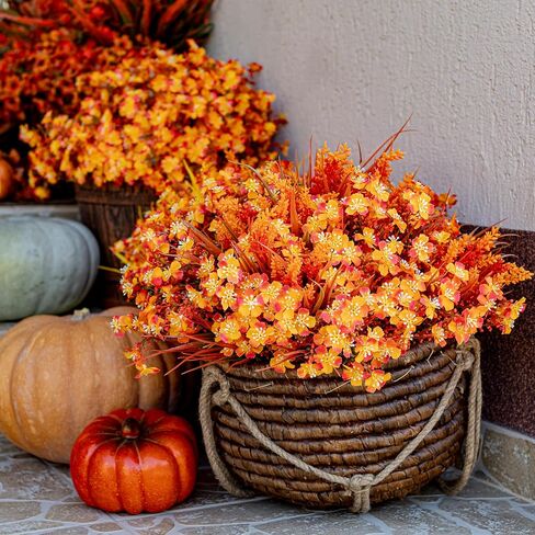 Artificial Fall Flowers Outdoor Fake Mums - 16 Bundles Fake Plants UV Resistant No Fade Faux Plastic Greenery Garden Porch Patio Fall Home Decor (1, OrangeGreen) in Saudi Arabia