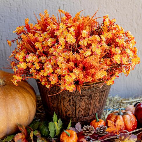 Artificial Fall Flowers Outdoor Fake Mums - 16 Bundles Fake Plants UV Resistant No Fade Faux Plastic Greenery Garden Porch Patio Fall Home Decor (1, OrangeGreen) in Saudi Arabia