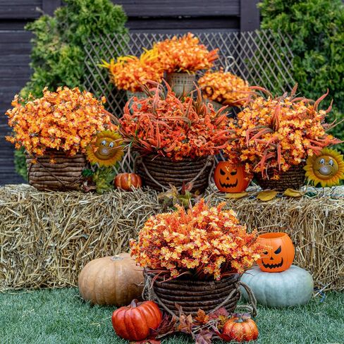 Artificial Fall Flowers Outdoor Fake Mums - 16 Bundles Fake Plants UV Resistant No Fade Faux Plastic Greenery Garden Porch Patio Fall Home Decor (1, OrangeGreen) in Saudi Arabia