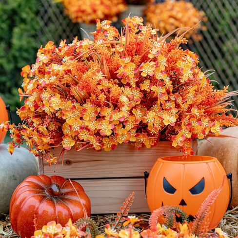 Artificial Fall Flowers Outdoor Fake Mums - 16 Bundles Fake Plants UV Resistant No Fade Faux Plastic Greenery Garden Porch Patio Fall Home Decor (1, OrangeGreen) in Saudi Arabia