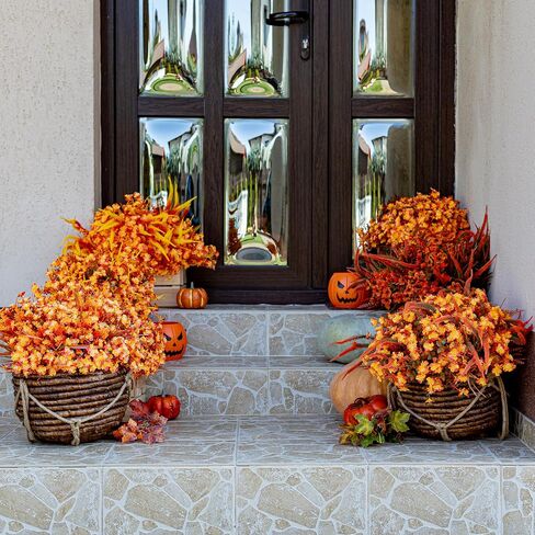 Artificial Fall Flowers Outdoor Fake Mums - 16 Bundles Fake Plants UV Resistant No Fade Faux Plastic Greenery Garden Porch Patio Fall Home Decor (1, OrangeGreen) in Saudi Arabia