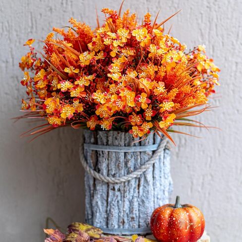 Artificial Fall Flowers Outdoor Fake Mums - 16 Bundles Fake Plants UV Resistant No Fade Faux Plastic Greenery Garden Porch Patio Fall Home Decor (1, OrangeGreen) in Saudi Arabia