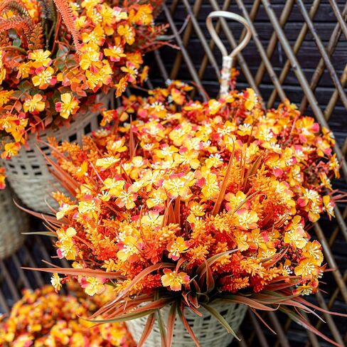 Artificial Fall Flowers Outdoor Fake Mums - 16 Bundles Fake Plants UV Resistant No Fade Faux Plastic Greenery Garden Porch Patio Fall Home Decor (1, OrangeGreen) in Saudi Arabia