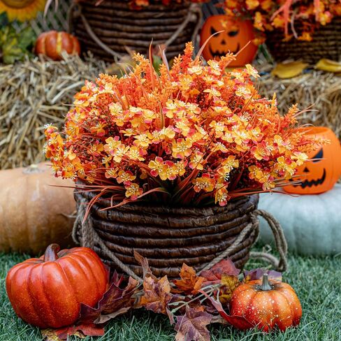 Artificial Fall Flowers Outdoor Fake Mums - 16 Bundles Fake Plants UV Resistant No Fade Faux Plastic Greenery Garden Porch Patio Fall Home Decor (1, OrangeGreen) in Saudi Arabia