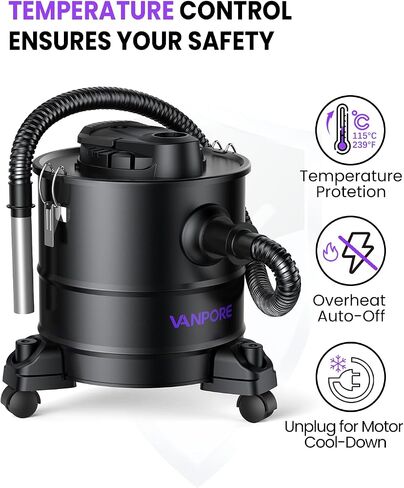 5.2 Gallon Fireplace Ash Vac with 1200w Powerful Suction & Wheeled Base - Ash Vacuum for Pellet Stoves - Ash Vacuum Cleaner for Fireplaces, Pellet Grill, Wood Stove, Fire Pits - Black in Saudi Arabia