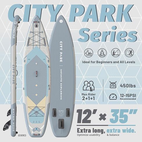 City Park 12'×35" Extra Wide Paddle Board with Seat, One-Stop Premium SUP Board Gears, Tailored 5 Fins, Stable Inflatable Stand Up Paddle Boards for Youth/Adults of All Levels in Saudi Arabia