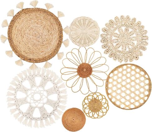Boho Wall Basket Decor Set of 8 - Flat Woven Basket Wall Hanging Decor,Round Tassels White Macrame Tapestry Wall Decor Art,Handmade Rattan Wicker Seagrass Home Wall Baskets Decor（Boho Classic) in Saudi Arabia