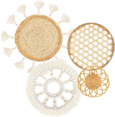 Boho Wall Basket Decor Set of 8 - Flat Woven Basket Wall Hanging Decor,Round Tassels White Macrame Tapestry Wall Decor Art,Handmade Rattan Wicker Seagrass Home Wall Baskets Decor（Boho Classic) in Saudi Arabia