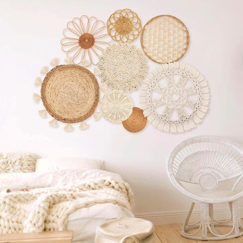 Boho Wall Basket Decor Set of 8 - Flat Woven Basket Wall Hanging Decor,Round Tassels White Macrame Tapestry Wall Decor Art,Handmade Rattan Wicker Seagrass Home Wall Baskets Decor（Boho Classic) in Saudi Arabia