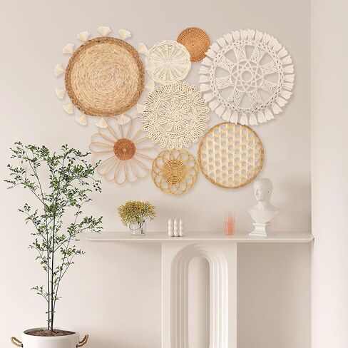 Boho Wall Basket Decor Set of 8 - Flat Woven Basket Wall Hanging Decor,Round Tassels White Macrame Tapestry Wall Decor Art,Handmade Rattan Wicker Seagrass Home Wall Baskets Decor（Boho Classic) in Saudi Arabia