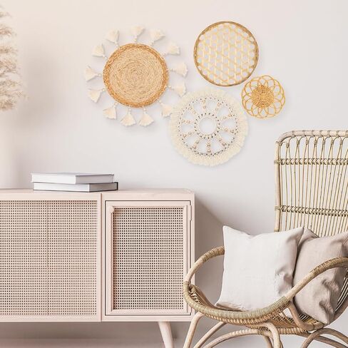 Boho Wall Basket Decor Set of 8 - Flat Woven Basket Wall Hanging Decor,Round Tassels White Macrame Tapestry Wall Decor Art,Handmade Rattan Wicker Seagrass Home Wall Baskets Decor（Boho Classic) in Saudi Arabia
