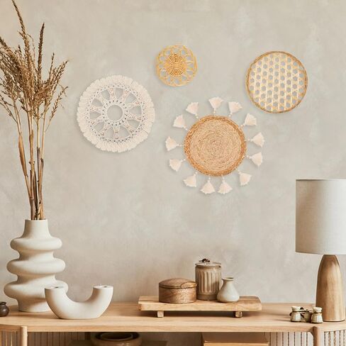 Boho Wall Basket Decor Set of 8 - Flat Woven Basket Wall Hanging Decor,Round Tassels White Macrame Tapestry Wall Decor Art,Handmade Rattan Wicker Seagrass Home Wall Baskets Decor（Boho Classic) in Saudi Arabia