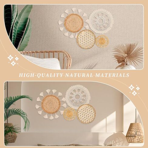 Boho Wall Basket Decor Set of 8 - Flat Woven Basket Wall Hanging Decor,Round Tassels White Macrame Tapestry Wall Decor Art,Handmade Rattan Wicker Seagrass Home Wall Baskets Decor（Boho Classic) in Saudi Arabia