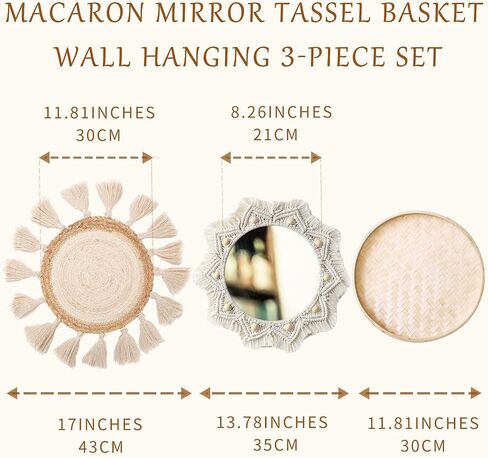 Boho Wall Basket Decor Set of 8 - Flat Woven Basket Wall Hanging Decor,Round Tassels White Macrame Tapestry Wall Decor Art,Handmade Rattan Wicker Seagrass Home Wall Baskets Decor（Boho Classic) in Saudi Arabia