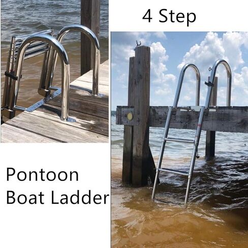 سلم القارب 4 خطوات، سلم قارب عائم، قابل للطي من الفولاذ المقاوم للصدأ، سلم تلسكوبي للمدخل الخلفي البحري مع خطوات واسعة، سلم على سطح السباحة مع درابزين يدوي بدواسة، حزام الاحتفاظ - 400 رطل in Kuwait