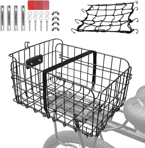 Bike Basket Rear for Adult Bikes, Large Rear Bike Basket Capacity with Reflective Light, Foldable Metal Wire Cover Bicycle Baskets Back Rack for Bike Rear Cargo Rack Ebike Cruiser in Kuwait