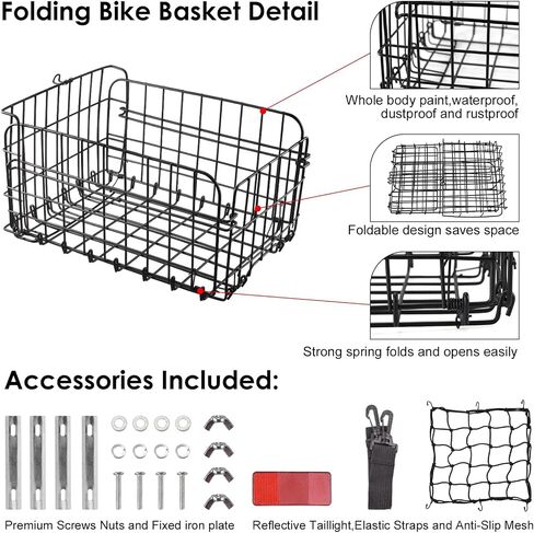 Bike Basket Rear for Adult Bikes, Large Rear Bike Basket Capacity with Reflective Light, Foldable Metal Wire Cover Bicycle Baskets Back Rack for Bike Rear Cargo Rack Ebike Cruiser in Kuwait