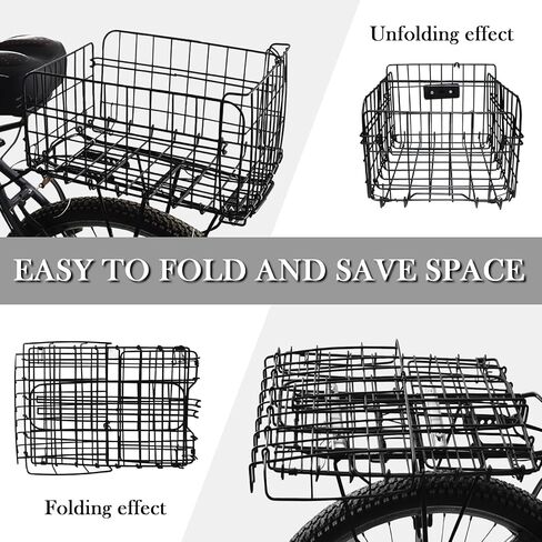 Bike Basket Rear for Adult Bikes, Large Rear Bike Basket Capacity with Reflective Light, Foldable Metal Wire Cover Bicycle Baskets Back Rack for Bike Rear Cargo Rack Ebike Cruiser in Kuwait