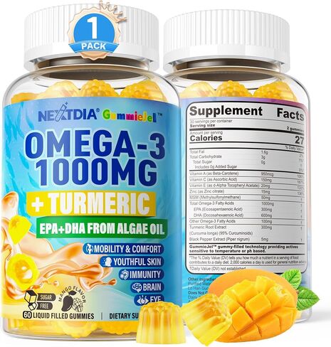 Vegan Omega-3 1000mg + Turmeric Gummies - Fish Oil Alternative for Adults - Algae Oil DHA 600mg & EPA 300mg, Vitamin A, C, E, Zinc & MSM - Mobility Comfort, Skin, Immune, Brain, Eye Health, 60 Cts in Saudi Arabia