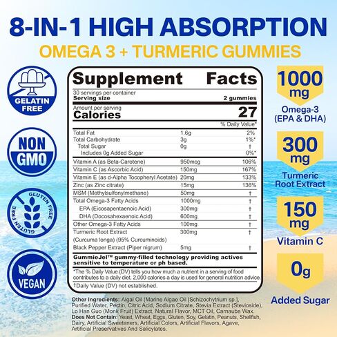Vegan Omega-3 1000mg + Turmeric Gummies - Fish Oil Alternative for Adults - Algae Oil DHA 600mg & EPA 300mg, Vitamin A, C, E, Zinc & MSM - Mobility Comfort, Skin, Immune, Brain, Eye Health, 60 Cts in Saudi Arabia
