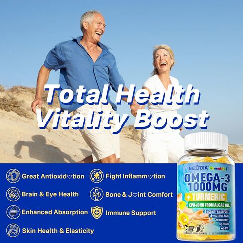 Vegan Omega-3 1000mg + Turmeric Gummies - Fish Oil Alternative for Adults - Algae Oil DHA 600mg & EPA 300mg, Vitamin A, C, E, Zinc & MSM - Mobility Comfort, Skin, Immune, Brain, Eye Health, 60 Cts in Saudi Arabia
